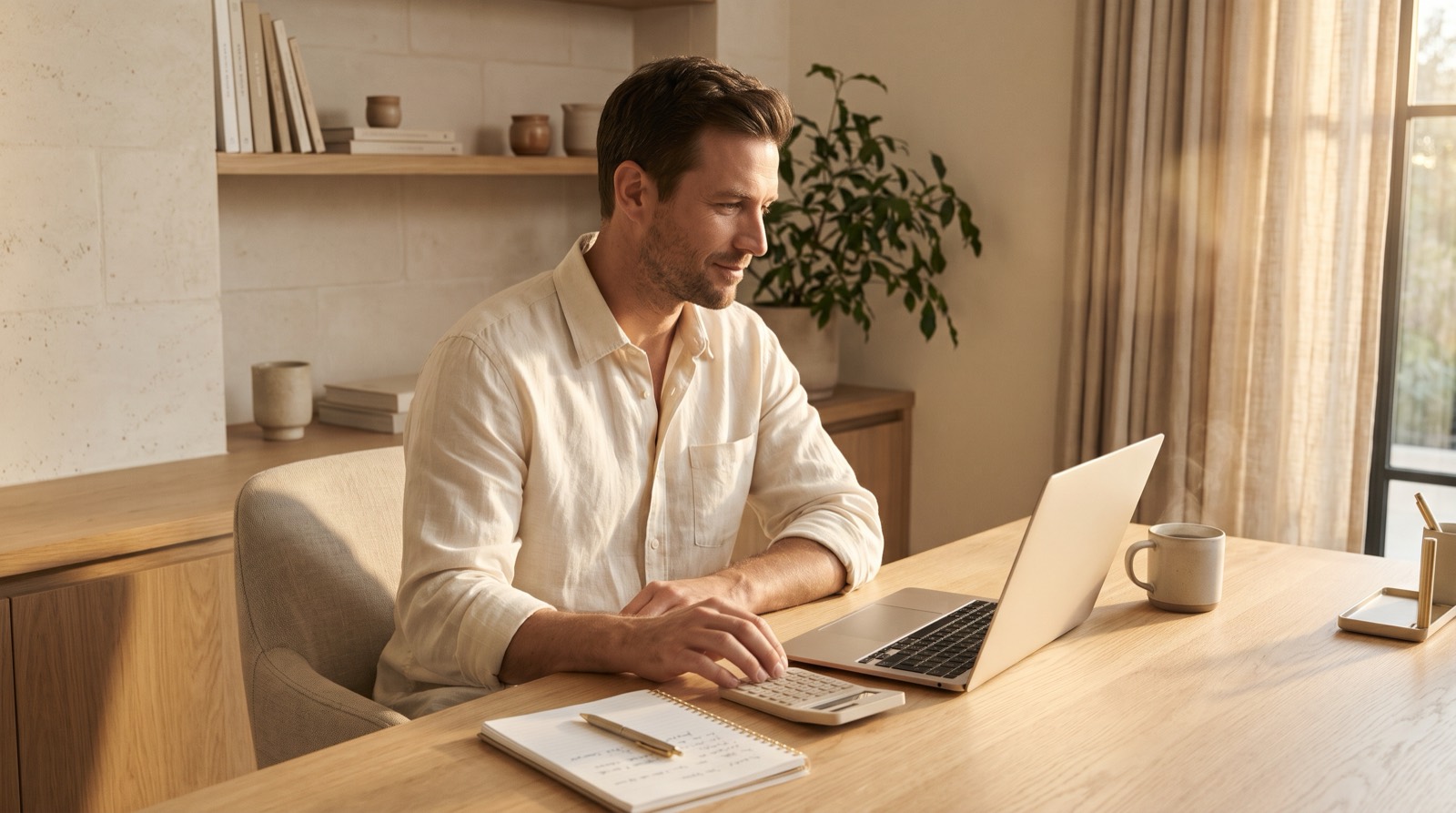 A man at a home office desk planning his budget with a laptop, notebook, and calculator