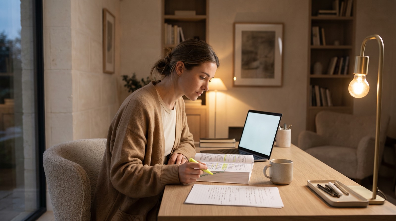 A woman studying at her desk in the evening with a study guide, highlighter, and laptop