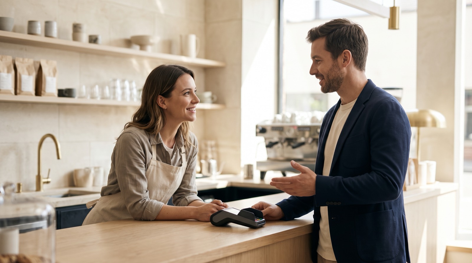 A sales professional talking with a small business owner at the counter of a neighborhood cafe