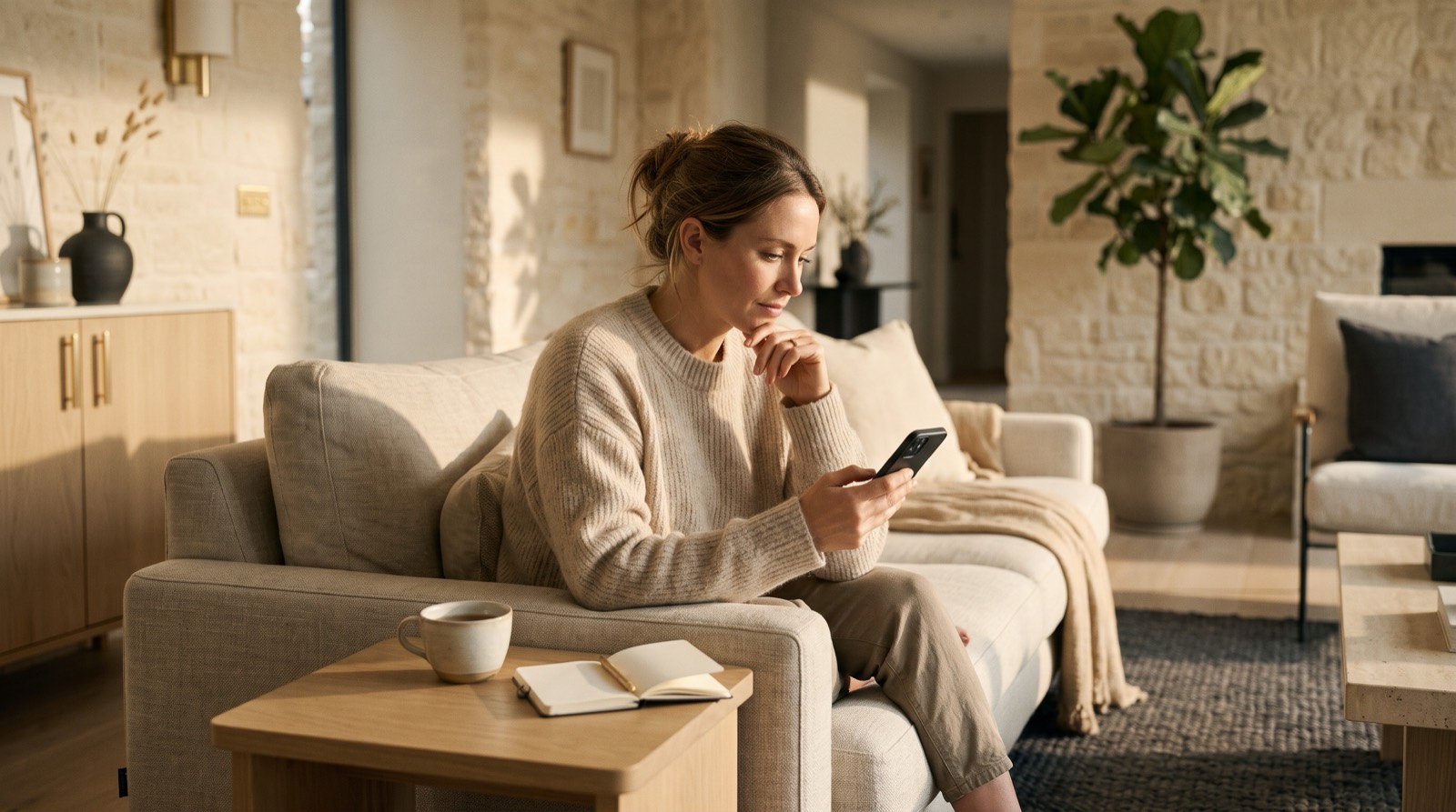 A woman at home looking thoughtfully at a message on her phone