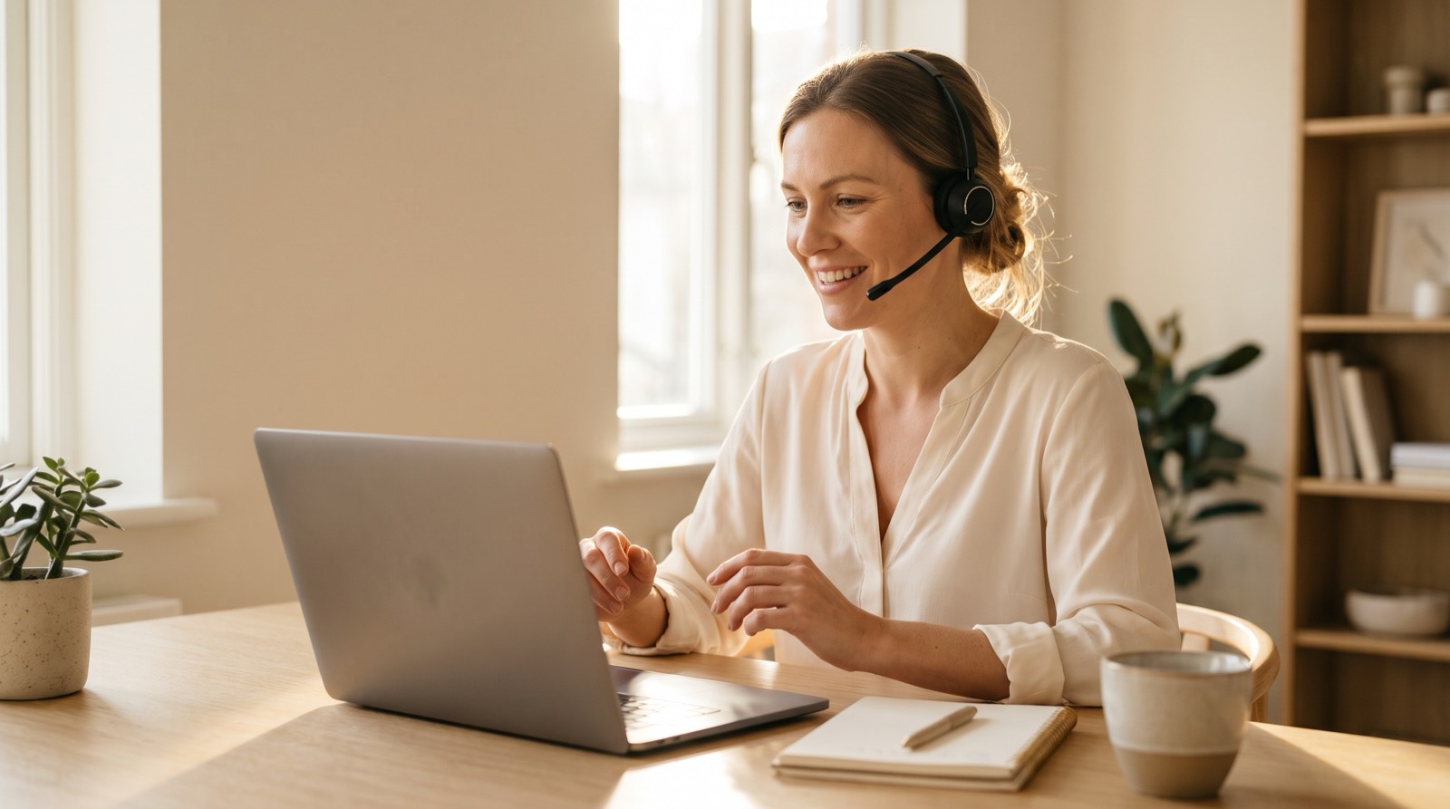 A woman wearing a headset smiling as she helps a customer from her home office