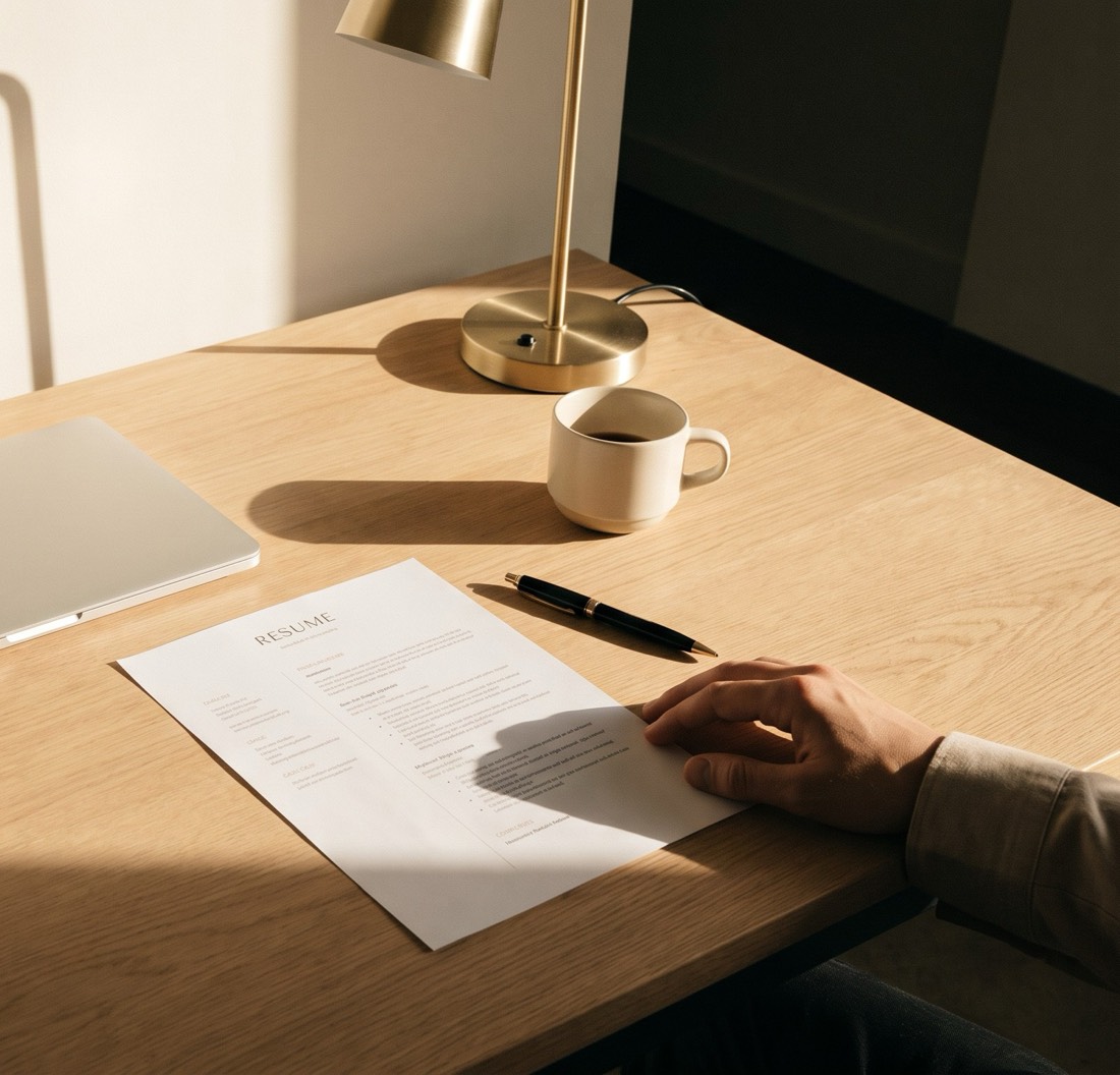 A printed one-page resume on a desk beside a coffee cup and a brass lamp
